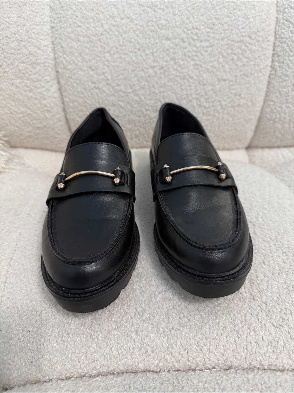 Anne Klein Black Leather Moccasins with Gold Accent Bar